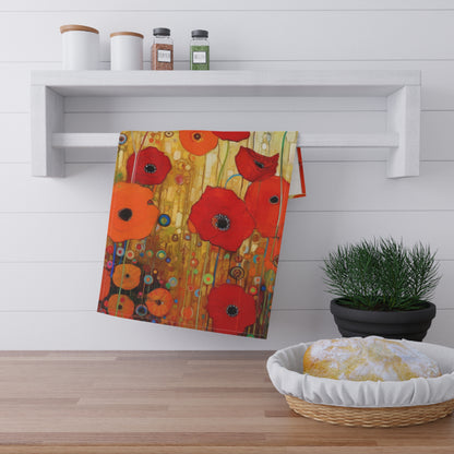 Floral Symphony: Kitchen Towel showcasing Gustav Klimt's Poppies in Art Nouveau