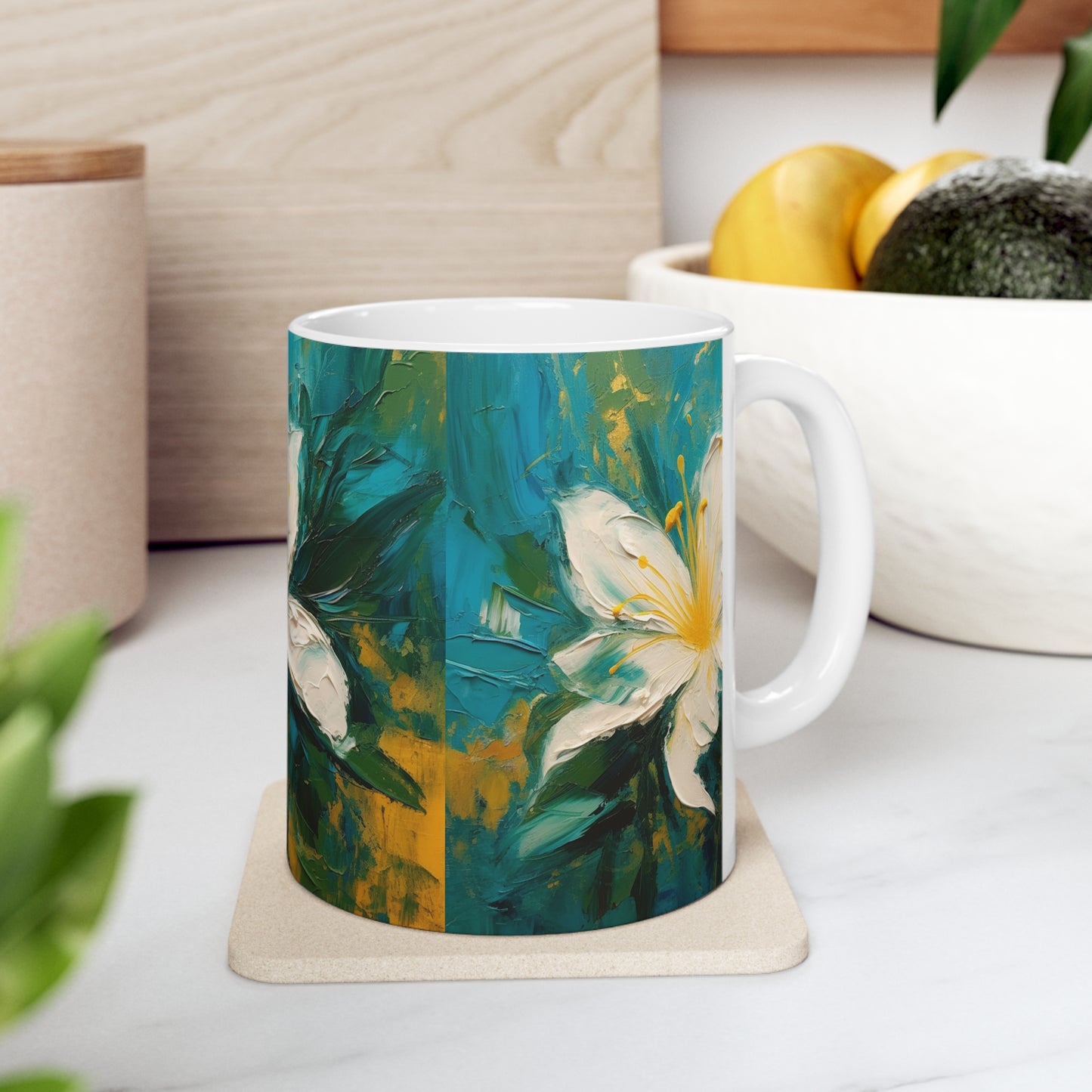 Floral Symphony: Ceramic Mug featuring an Abstract Oil Painting of Jasmine