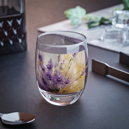 Expressive Lavender Drawing on Whiskey Glass: A Symphony of Colors and Petals