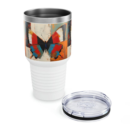 Bauhaus-Inspired Butterfly Symphony: Ringneck Tumbler with Vibrant Colors and Intricate Details