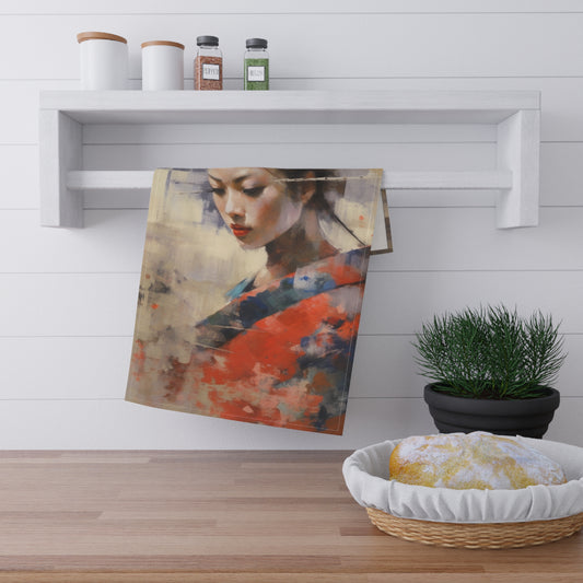 Japanese-Inspired Abstract Oil Painting Kitchen Towel: Celebrating Geisha Beauty