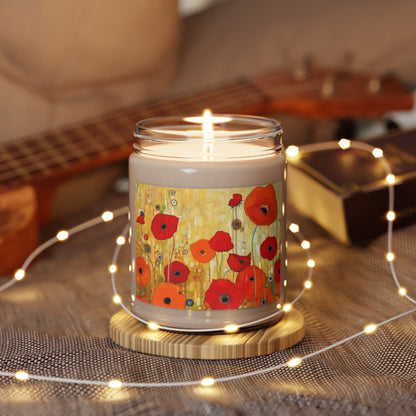 Floral Symphony: Scented Soy Candle showcasing Gustav Klimt's Poppies in Art Nouveau