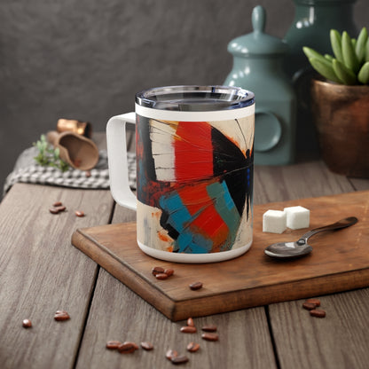 Bauhaus-Inspired Butterfly Symphony: Insulated Coffee Mug with Vibrant Colors and Intricate Details