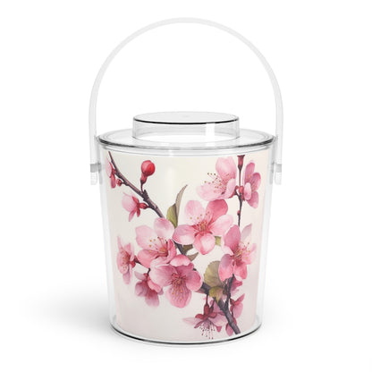 Artistic Flourish: Floral Watercolor Cherry Blossom Ice Bucket with Tongs