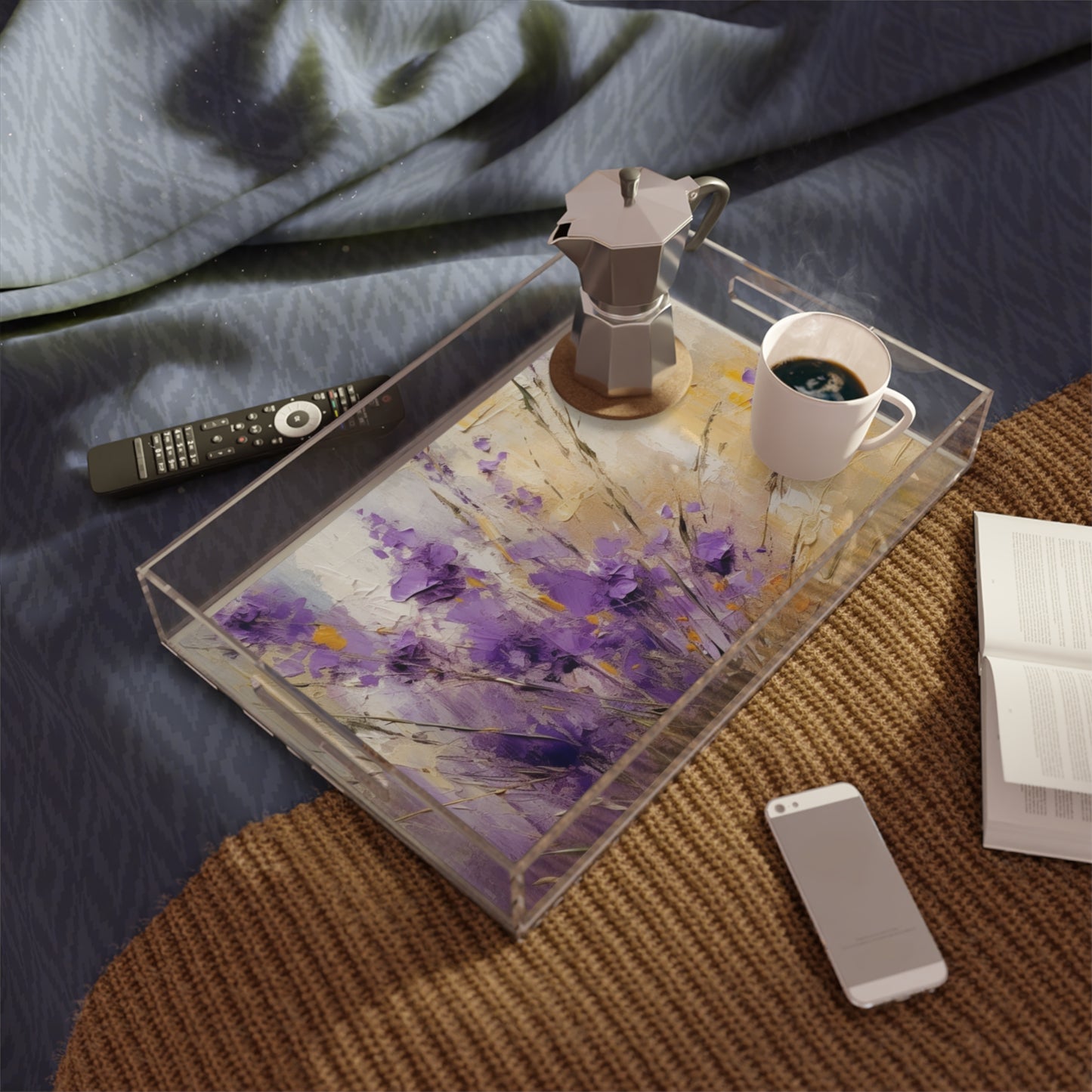 Expressive Lavender Drawing on Acrylic Serving Tray: A Symphony of Colors and Petals