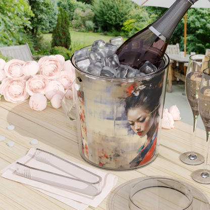 Japanese-Inspired Abstract Oil Painting Ice Bucket with Tongs: Celebrating Geisha Beauty