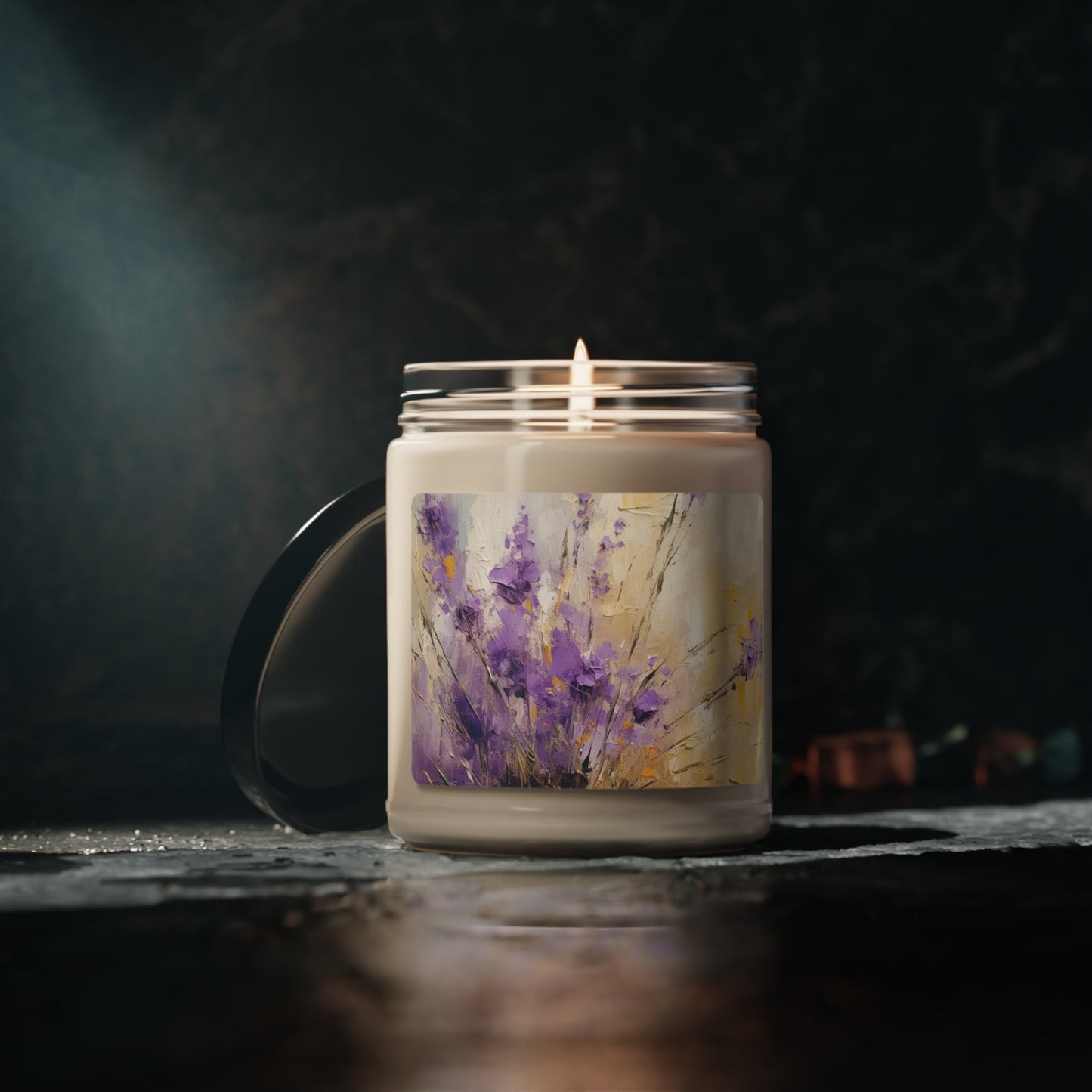 Expressive Lavender Drawing on Scented Soy Candle: A Symphony of Colors and Petals