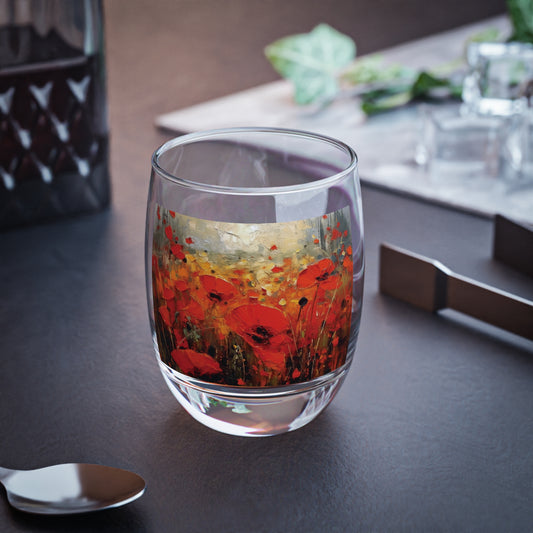 Whimsical Poppy Art on Whiskey Glass: A Burst of Joy with Every Drink