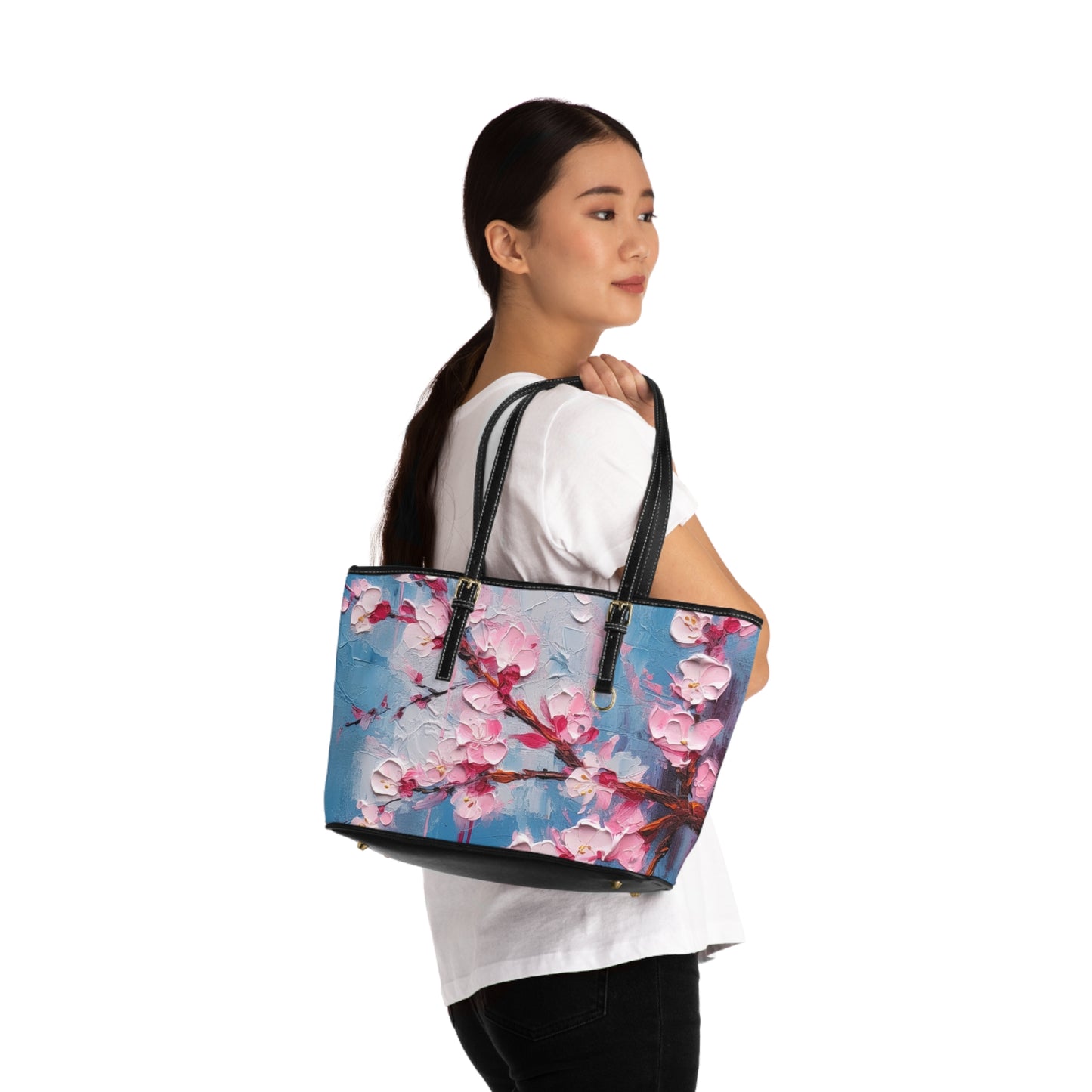 PU Leather Shoulder Bag with Abstract Cherry Blossom Drawing: Embrace the Serenity