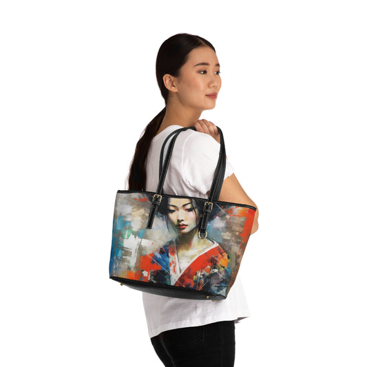 PU Leather Shoulder Bag with Geisha Art: Style with Japanese Artistic Flair