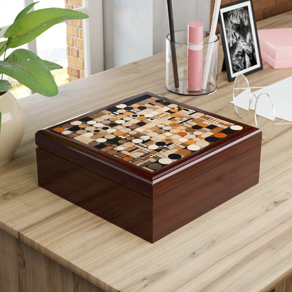 Earthy Geometric Jewelry Box: Wood Veneer Mosaics in Graphic Black and White