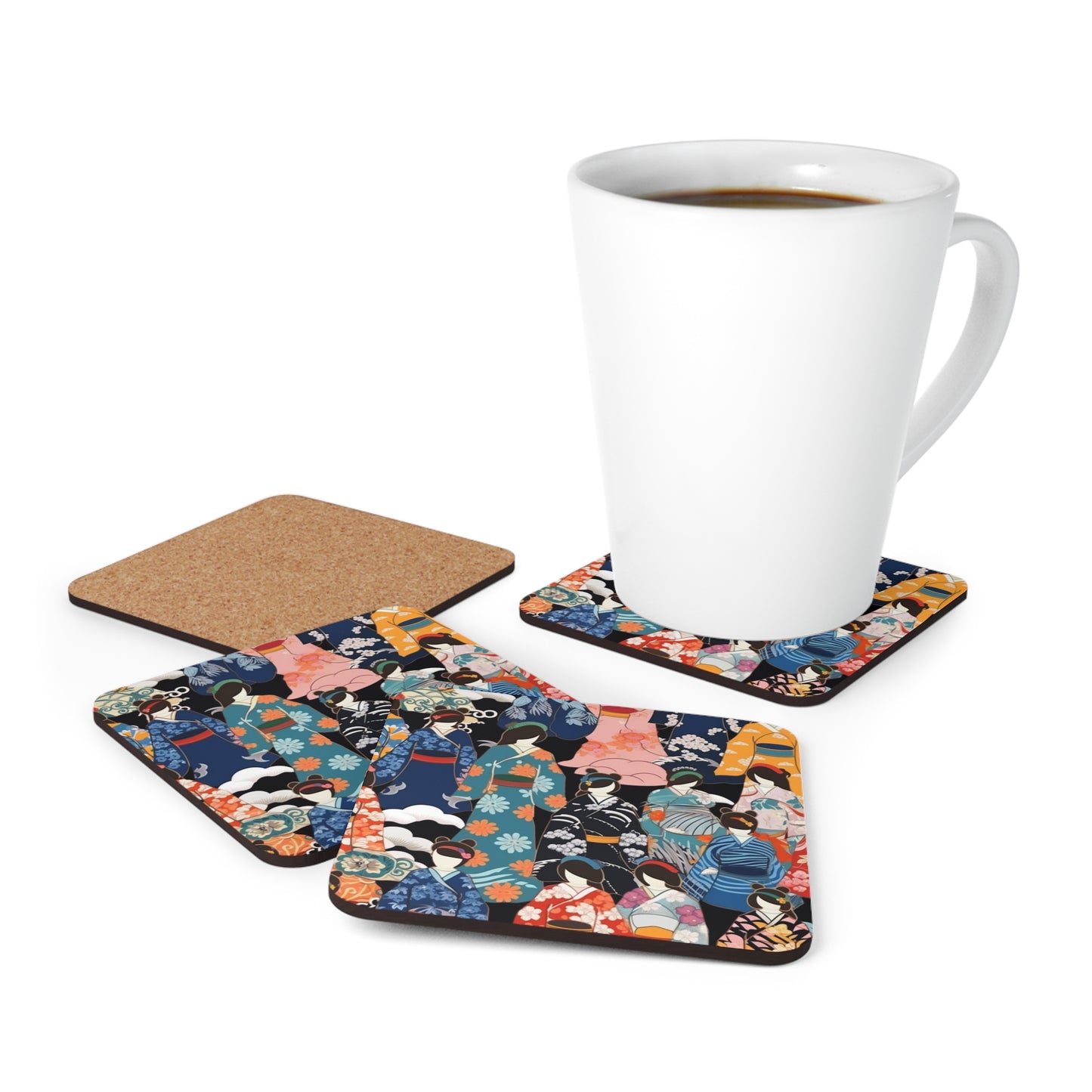 Kimono Dreams Corkwood Coaster Set: Experience Japanese Elegance