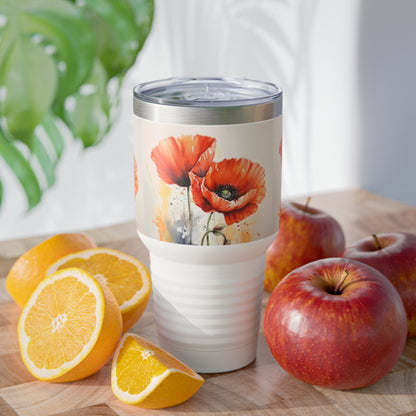 Whimsical Garden: Ringneck Tumbler with Watercolor Poppy Flower Art