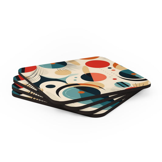 Abstract Elegance: Midcentury Modern Corkwood Coaster Set with Modern Abstract Art and Vintage Fashion