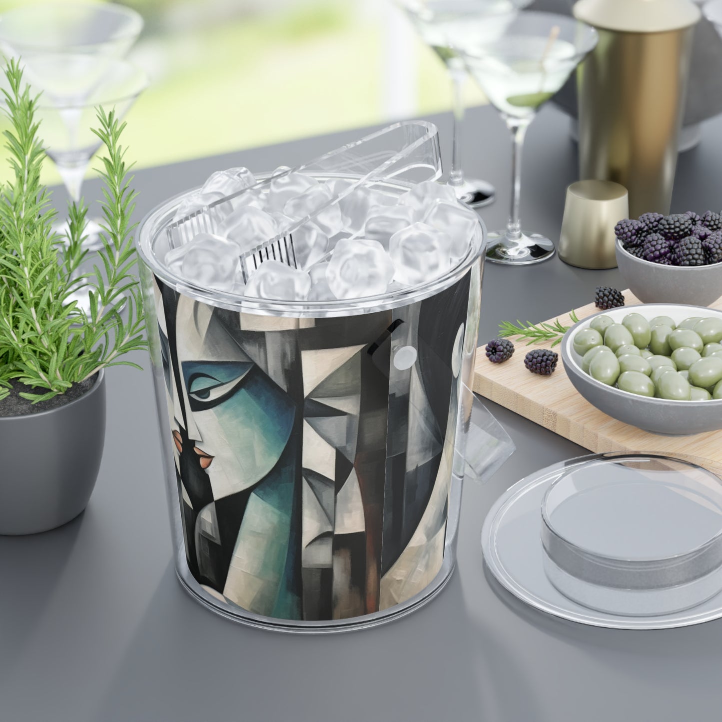 Ice Bucket with Tongs with Cubist Art: Sip with Artistic Finesse and Abstract Flair