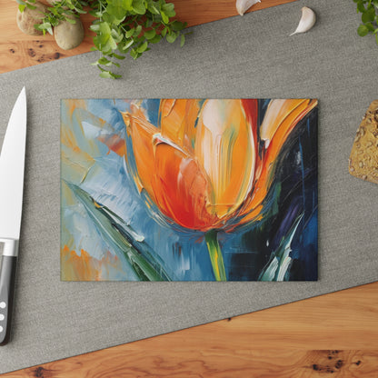 Orange Tulip Magic on Glass Cutting Board : A Blossoming Artistic Delight