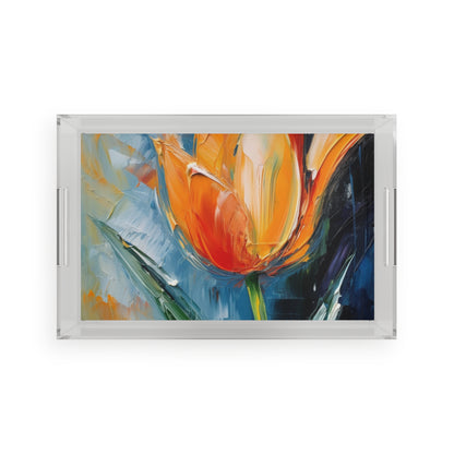 Orange Tulip Magic on Acrylic Serving Tray: A Blossoming Artistic Delight