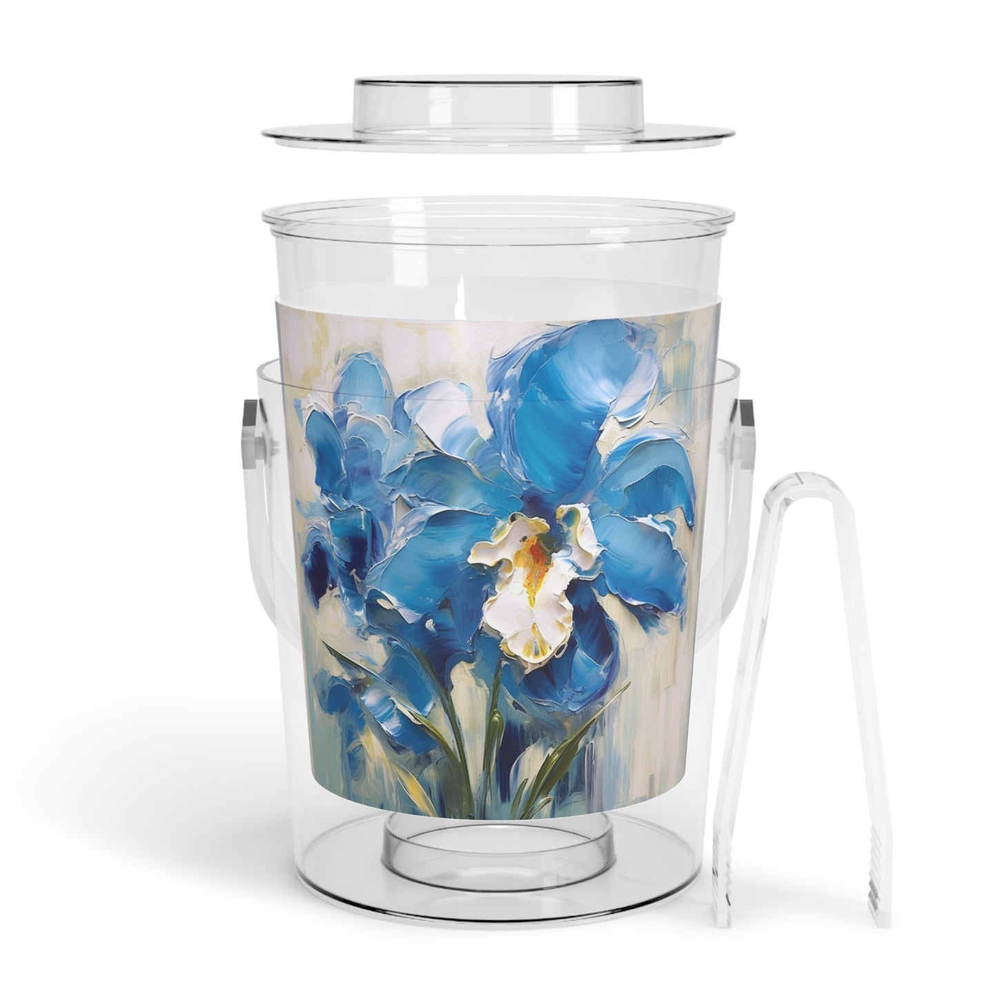 Embrace Artistic Expression with Blue Orchid Abstract Painting Ice Bucket with Tongs