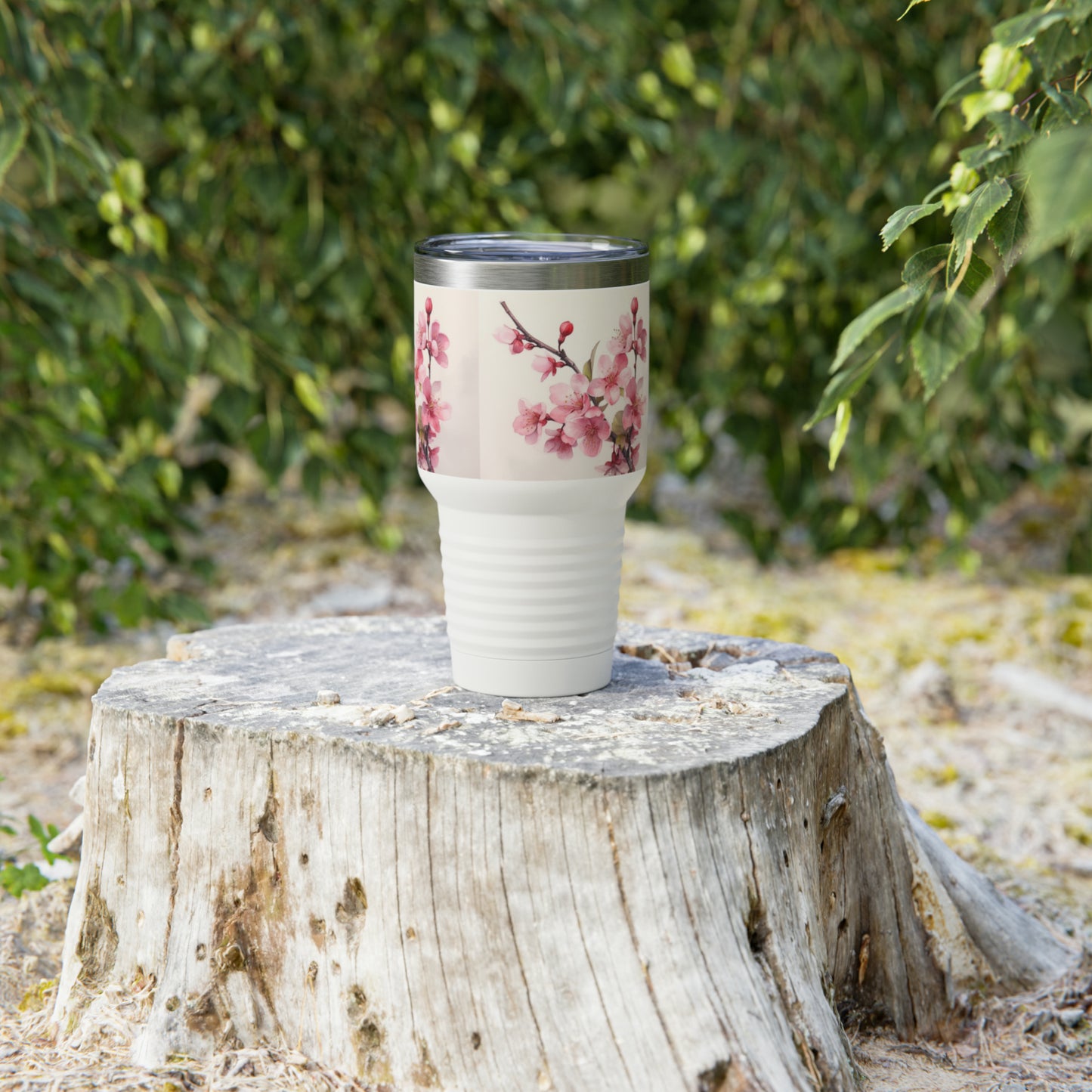 Artistic Elegance: Ringneck Tumbler with Watercolor Drawing of a Cherry Blossom