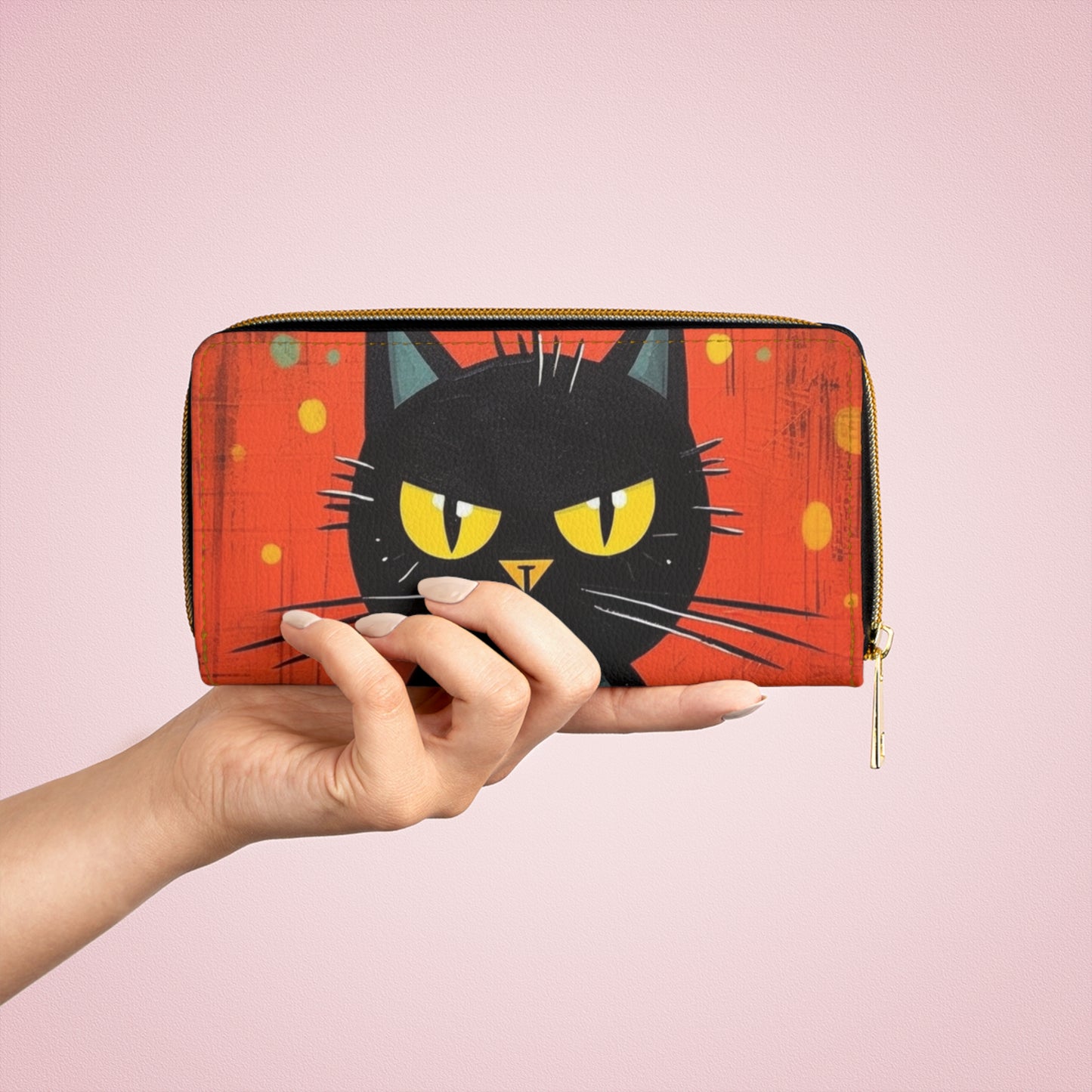 Fashionably Retro Feline: Midcentury Modern Zipper Wallet with a Vintage Cat-Inspired Flair