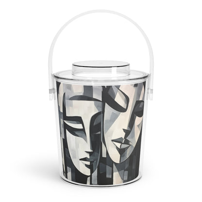 Abstract Oil Paint Ice Bucket with Tongs: Cubist Artistry in a Portable Masterpiece