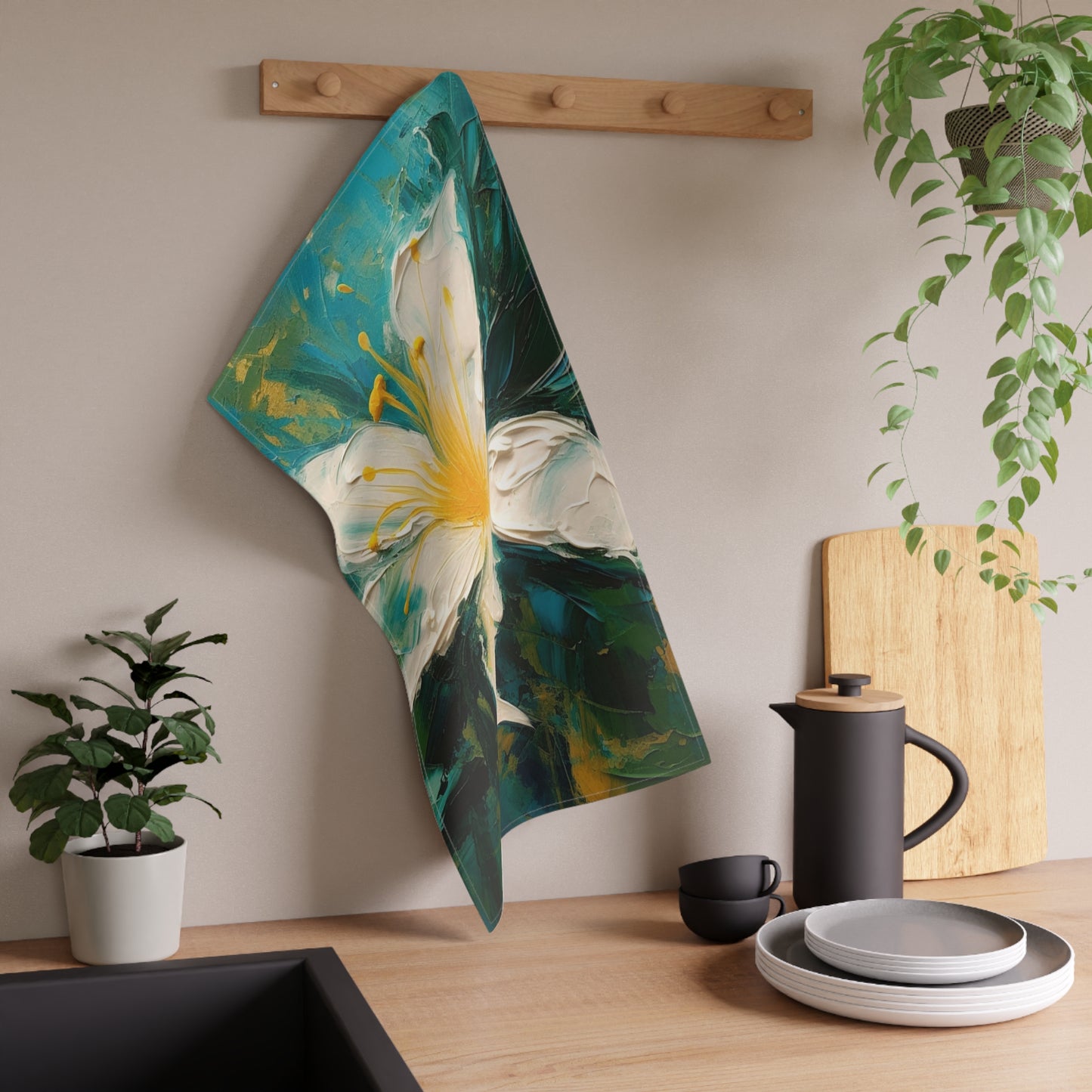 Floral Symphony: Kitchen Towel featuring an Abstract Oil Painting of Jasmine