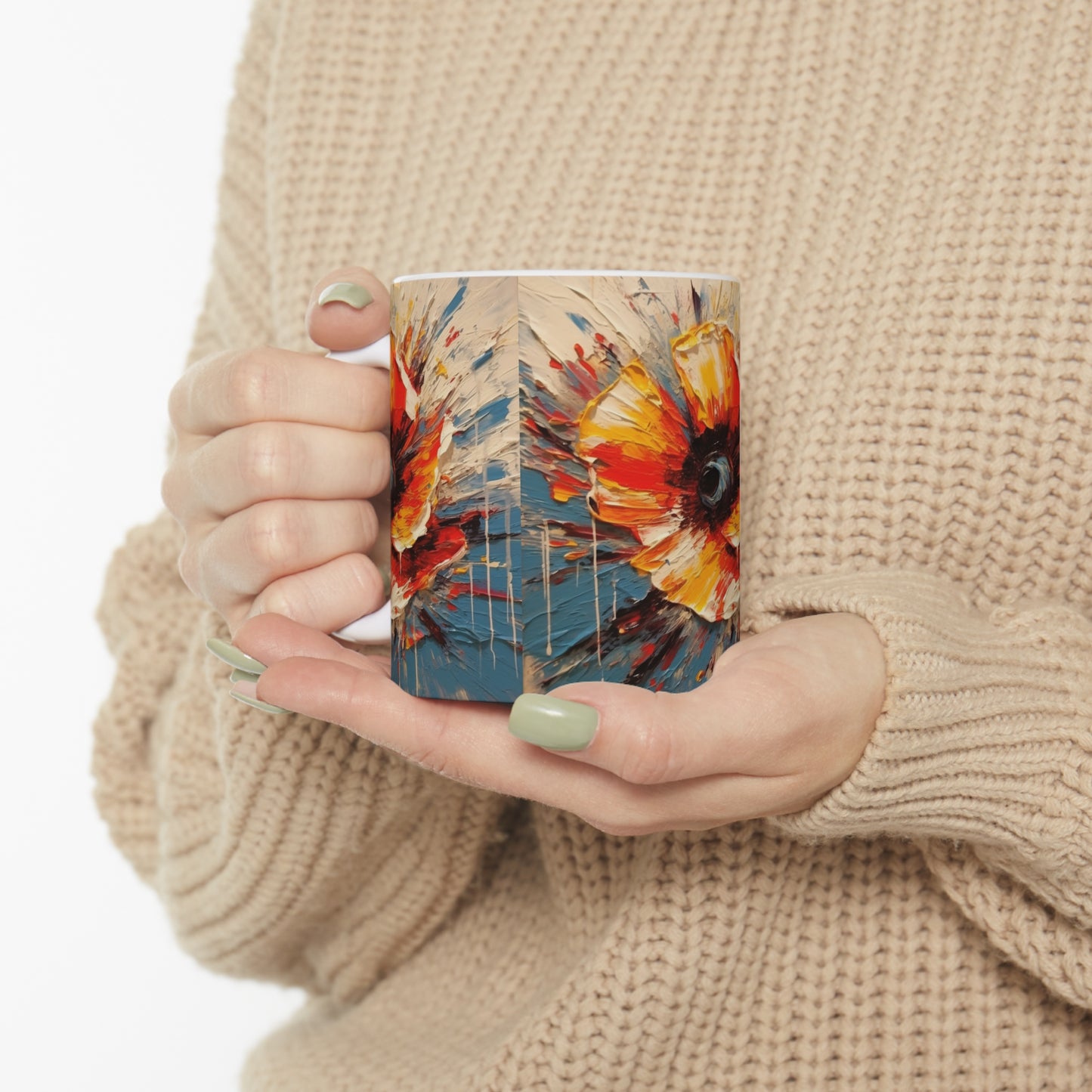 Poppy Symphony: Ceramic Mug with Abstract Floral Artwork