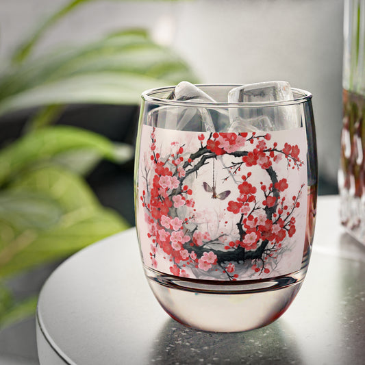 Cherry Blossom Delight: Whiskey Glass Adorned with Intricate Flower Drawings and Artistry