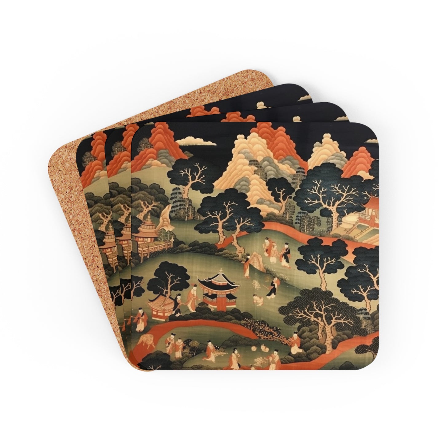 Tapestry Treasures: Japanese-inspired Corkwood Coaster Set for Art Lovers