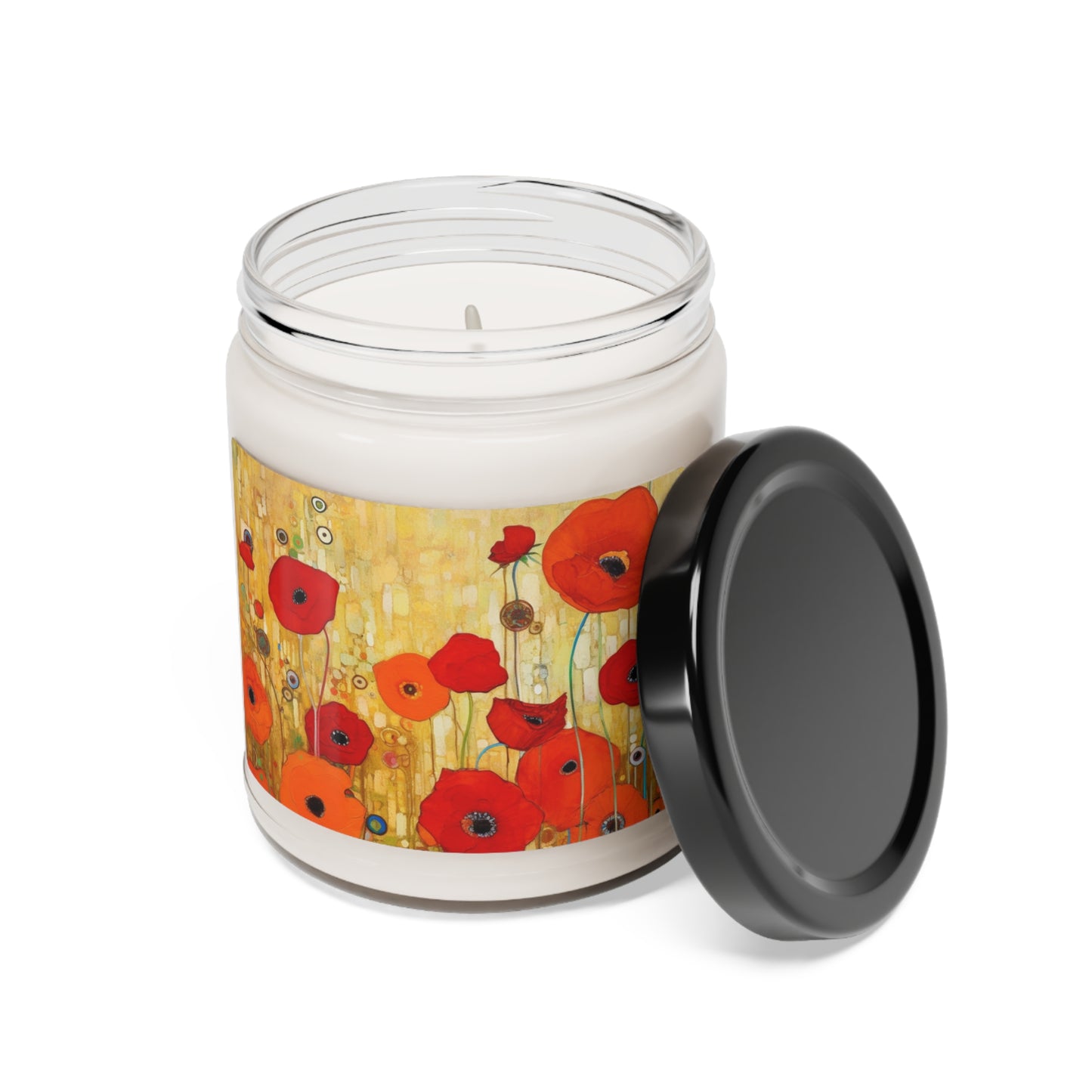 Floral Symphony: Scented Soy Candle showcasing Gustav Klimt's Poppies in Art Nouveau