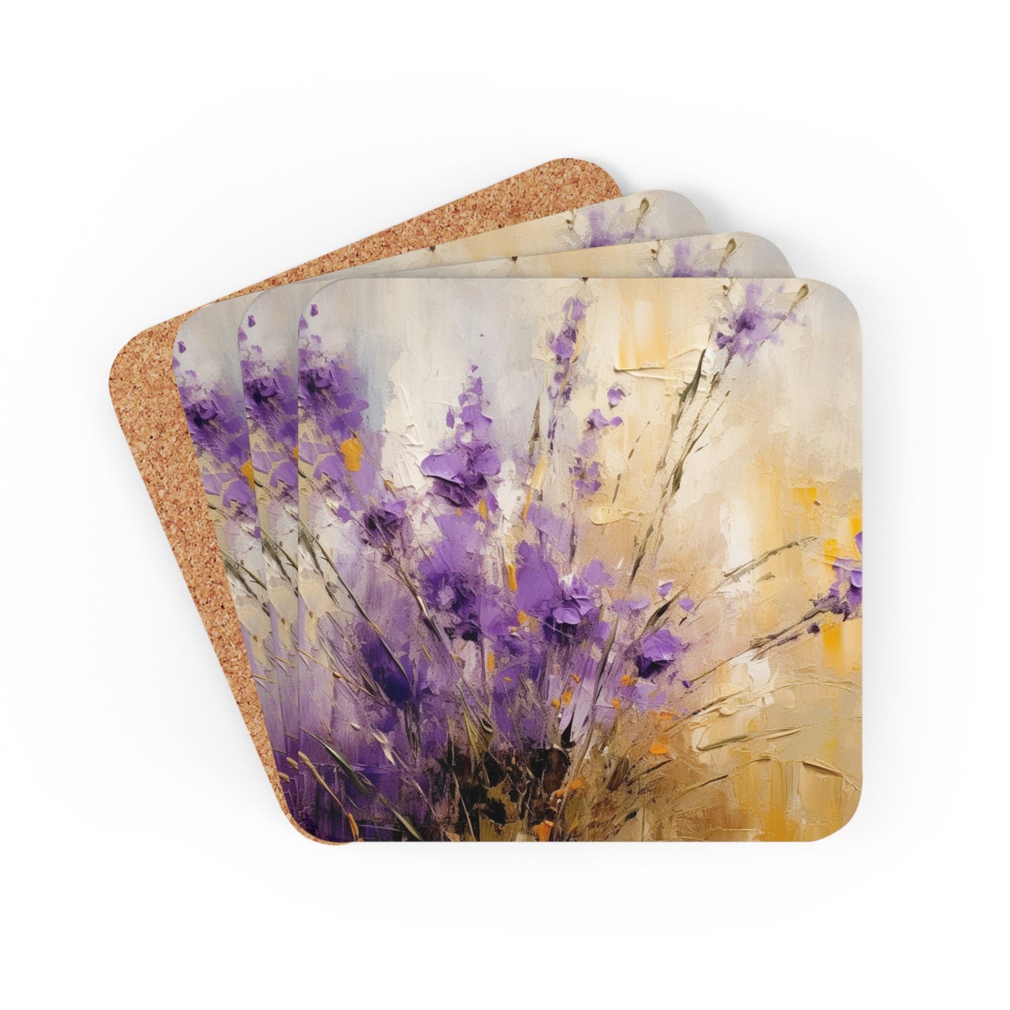 Expressive Lavender Drawing on Corkwood Coaster Set: A Symphony of Colors and Petals