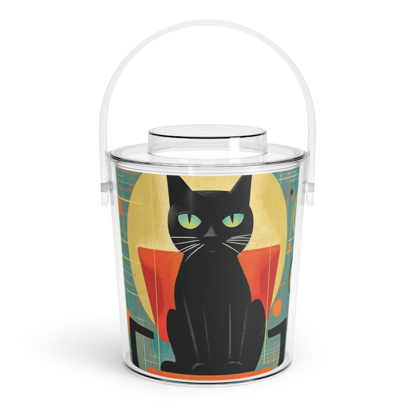 Abstract Cat Expressions: Modern Art-Inspired Midcentury Modern Ice Bucket with Tongs with Timeless Atomic Age Design