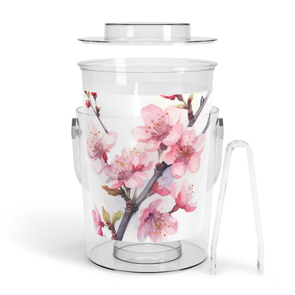 Blossoming Serenity: Watercolor Cherry Blossom Ice Bucket with Tongs