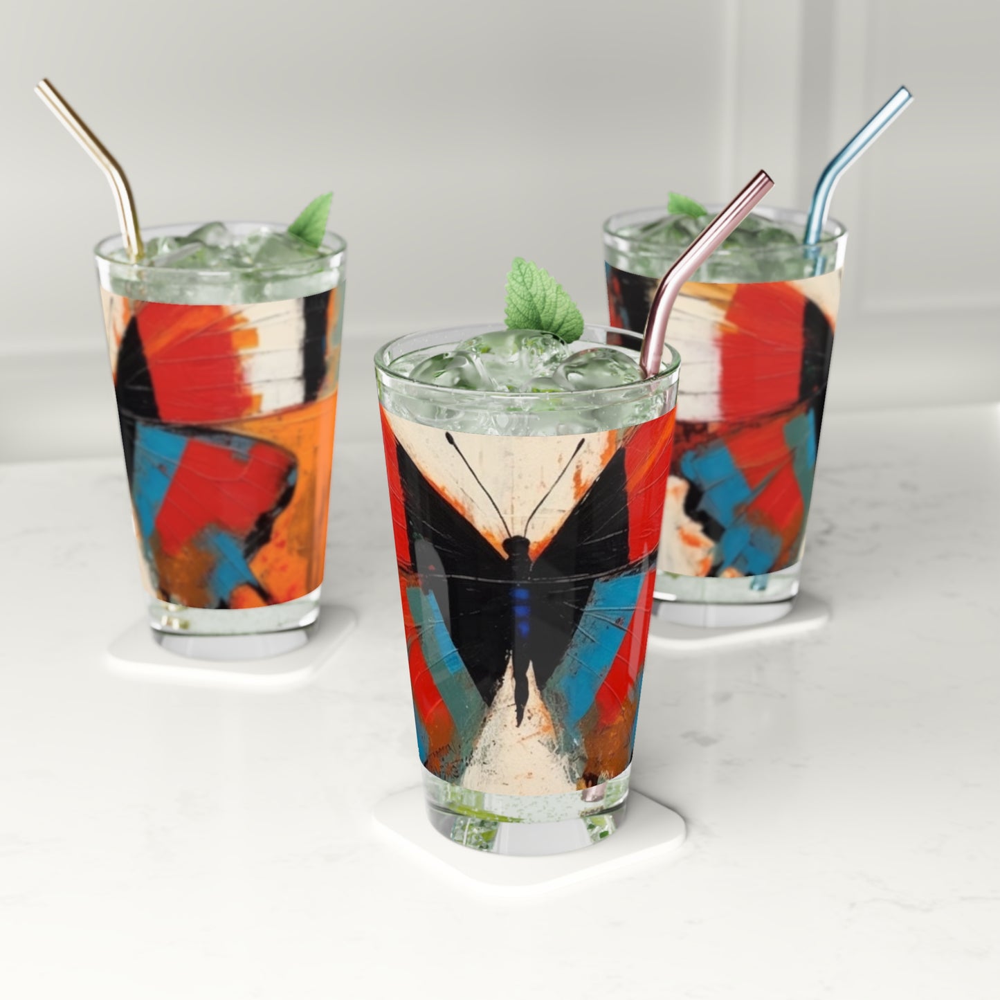 Bauhaus-Inspired Butterfly Symphony: Pint Glass with Vibrant Colors and Intricate Details