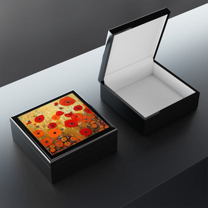 Timeless Beauty: 19th Century Fashion Meets Gustav Klimt's Poppies in a Jewelry Box