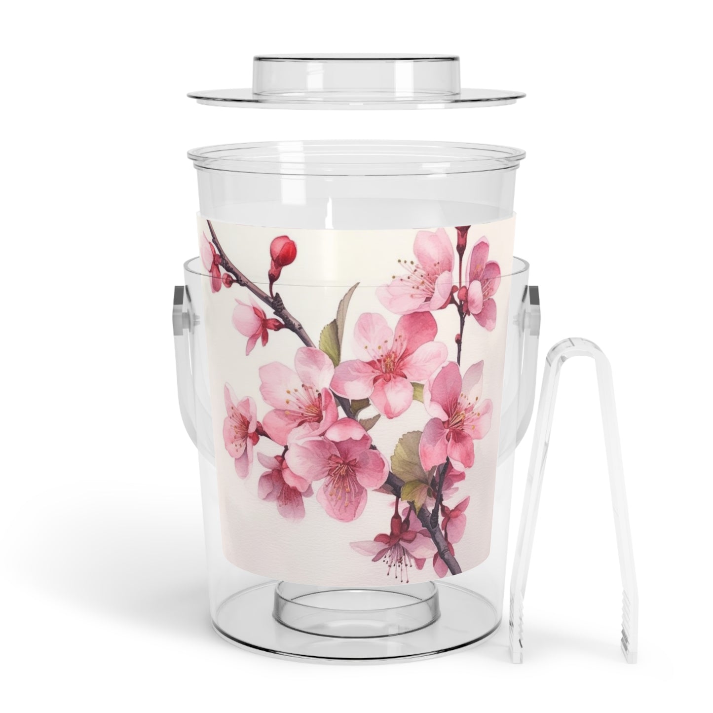 Artistic Flourish: Floral Watercolor Cherry Blossom Ice Bucket with Tongs