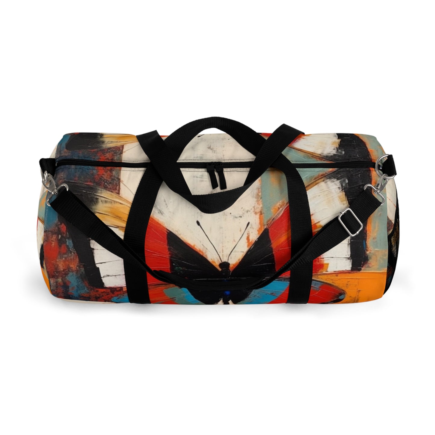 Bauhaus-Inspired Butterfly Symphony: Duffel Bag  with Vibrant Colors and Intricate Details