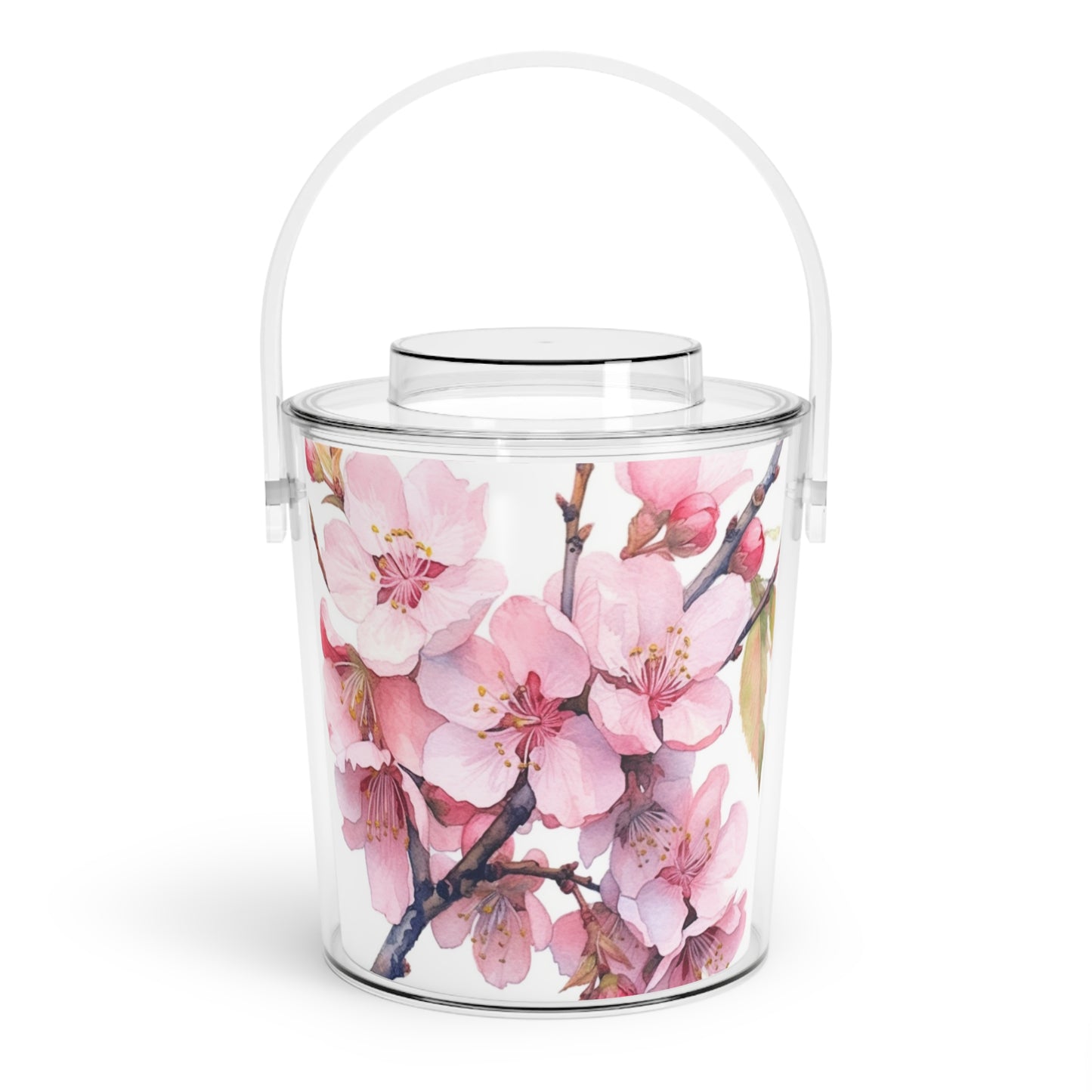 Whimsical Delight: Watercolor Cherry Blossom Tree Ice Bucket with Tongs