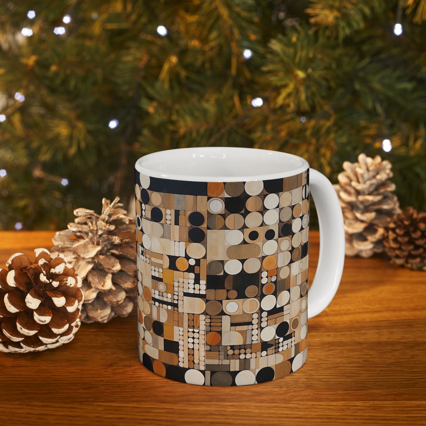 Earthy Grid Ceramic Mug: Graphic Black and White with Earthy Palette