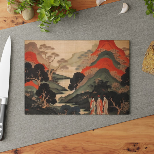 Custom Japanese Tapestry on a Glass Cutting Board - Unique Artistic Expression