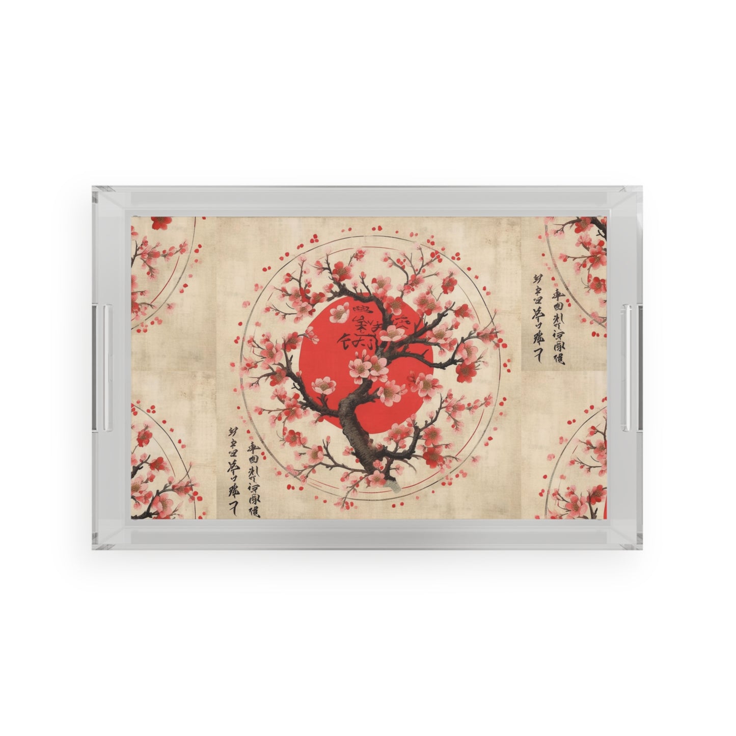 Nature's Brushstrokes: Acrylic Serving Tray Featuring Captivating Cherry Blossom Drawings