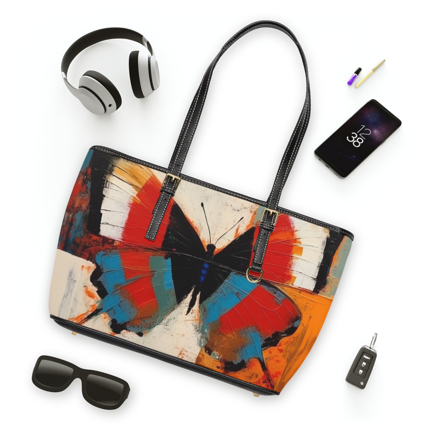 Bauhaus-Inspired Butterfly Symphony: PU Leather Shoulder Bag with Vibrant Colors and Intricate Details