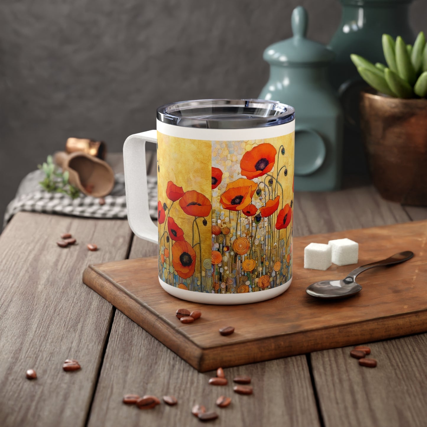 Modern Art in Your Hands: Gustav Klimt Poppies Insulated Coffee Mug