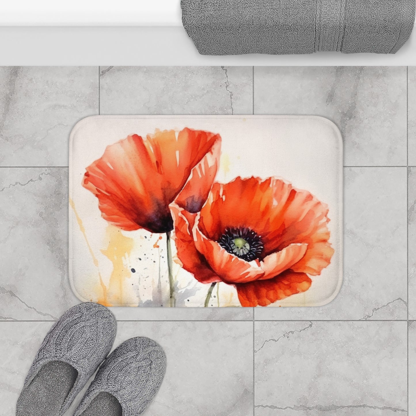 Whimsical Poppy Flower Watercolor Bathmat: An Artistic Delight