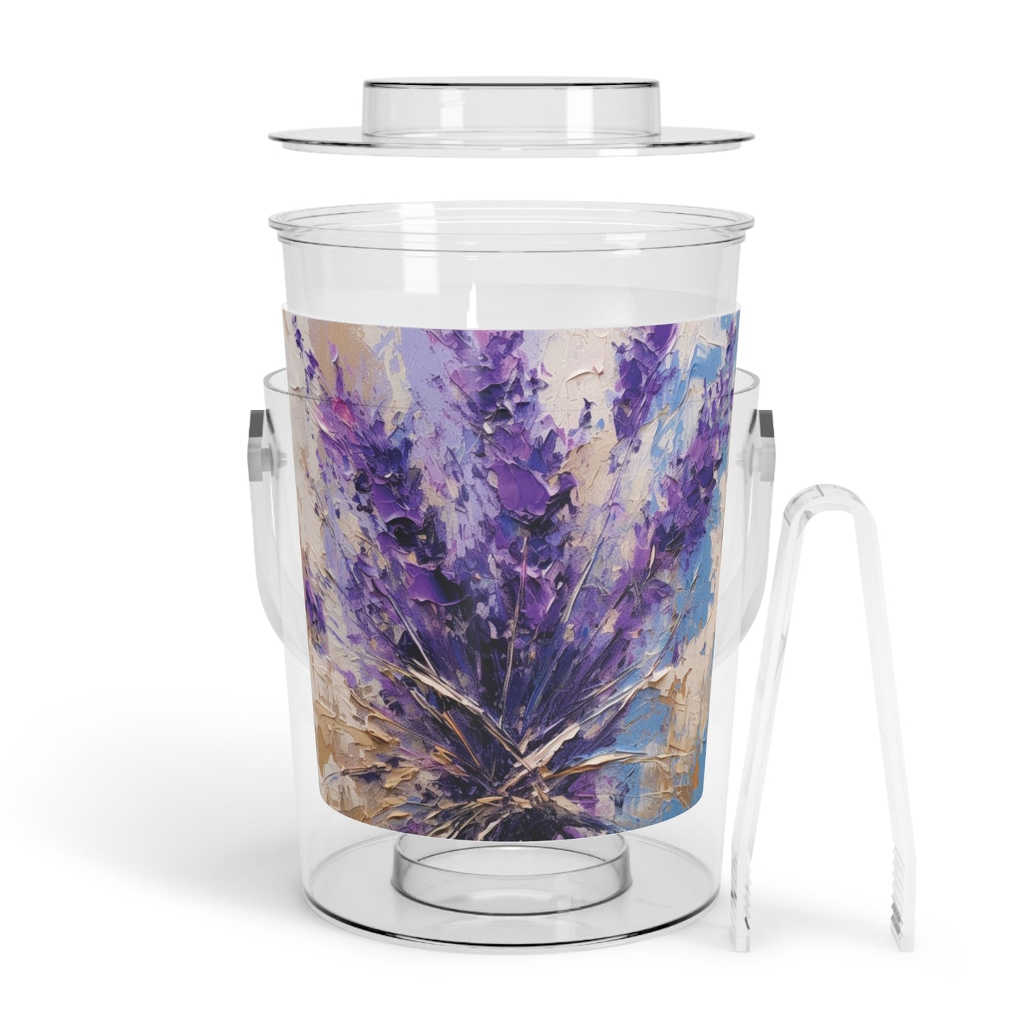 Vibrant Lavender Art on Ice Bucket with Tongs: A Floral Delight for Your Senses