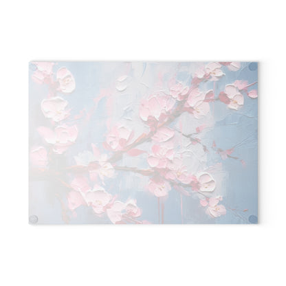 Glass Cutting Board with Abstract Cherry Blossom Drawing: Embrace the Serenity