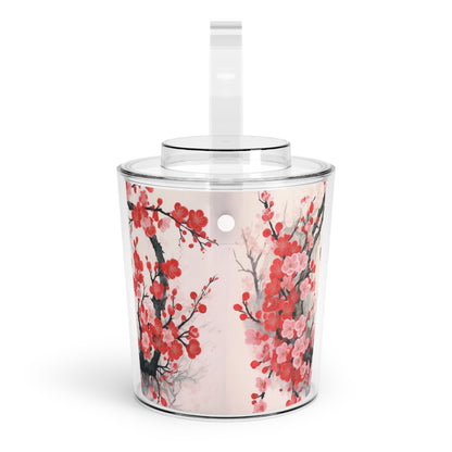 Cherry Blossom Delight: Ice Bucket with Tongs Adorned with Intricate Flower Drawings and Artistry