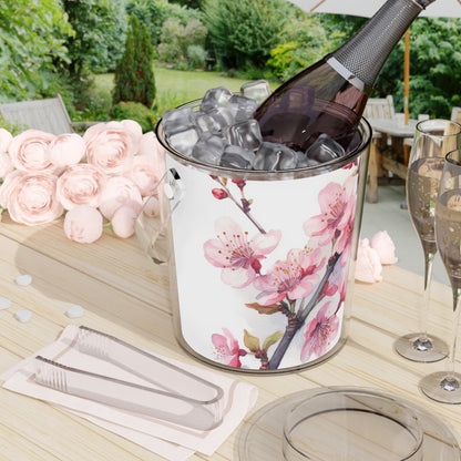 Blossoming Serenity: Watercolor Cherry Blossom Ice Bucket with Tongs