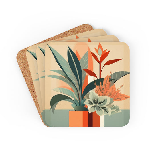 Floral Fusion: Atomic Age Corkwood Coaster Set with Midcentury Modern Design and Flower Drawings