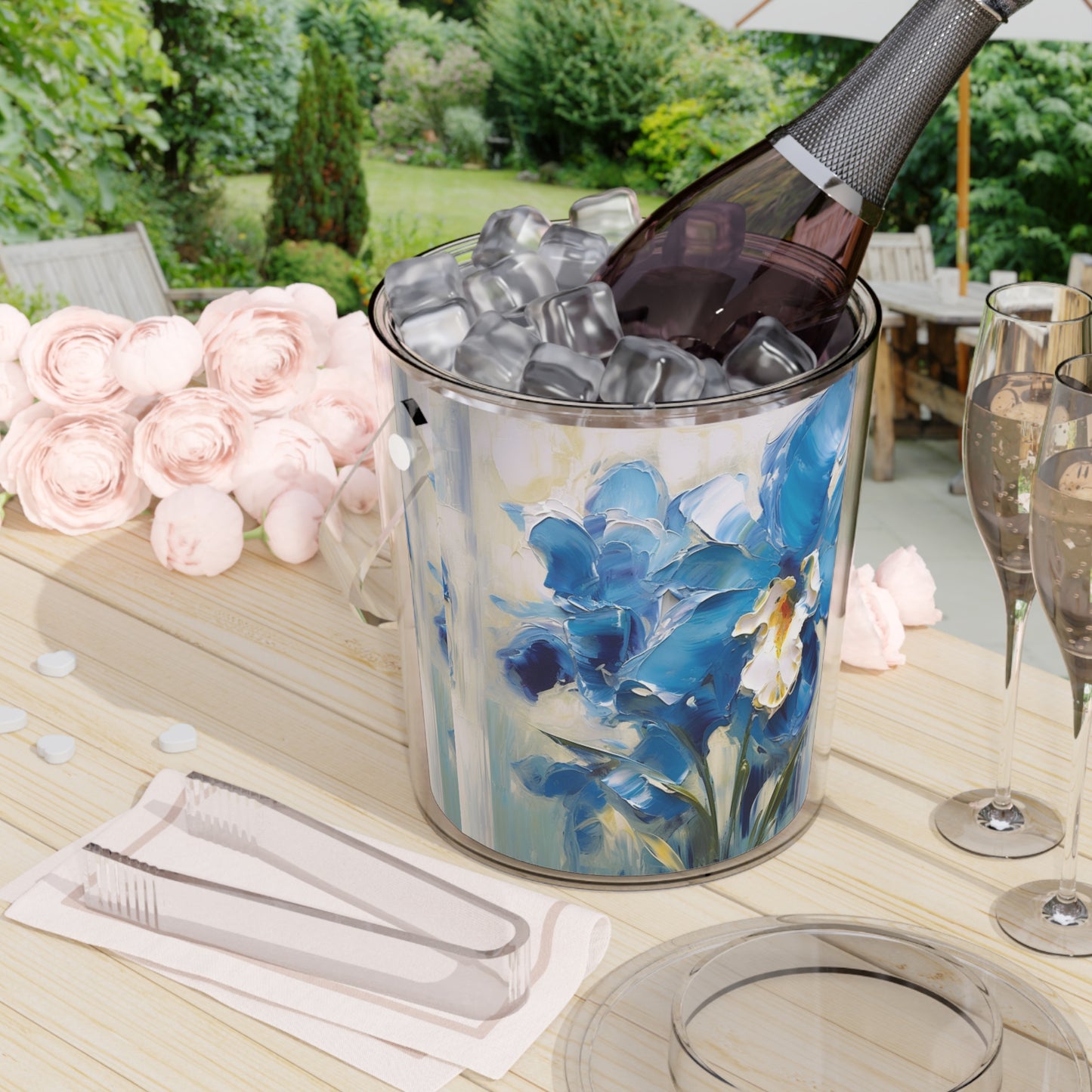 Embrace Artistic Expression with Blue Orchid Abstract Painting Ice Bucket with Tongs